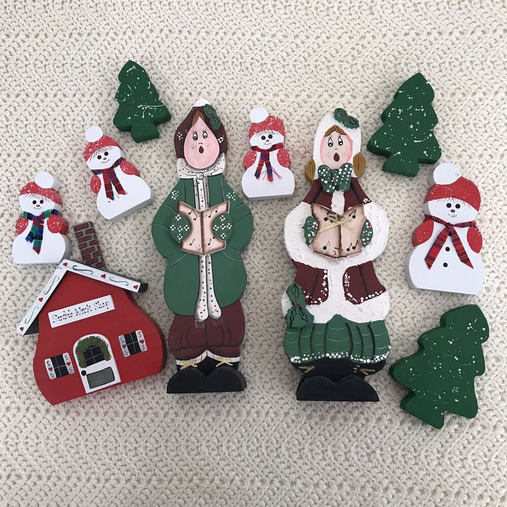 Hand Painted Christmas Carolers Snowmen Trees House 10 Item Lot